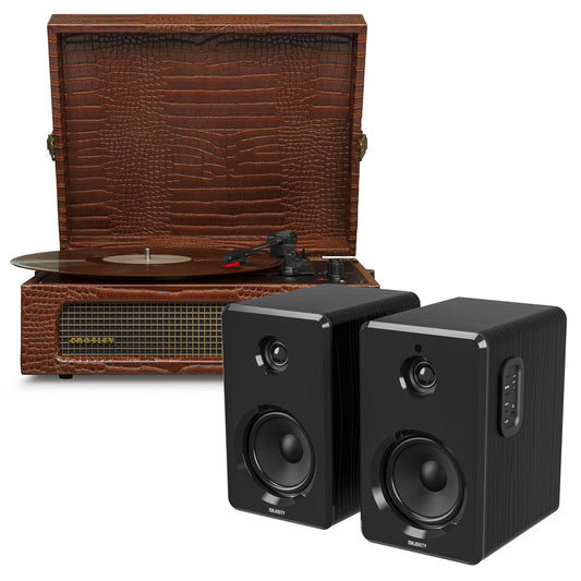 Crosley Voyager Bluetooth Portable Turntable - Brown Croc + Bundled Majority D40 Bluetooth Speakers - Black CR8017BMY-BR4