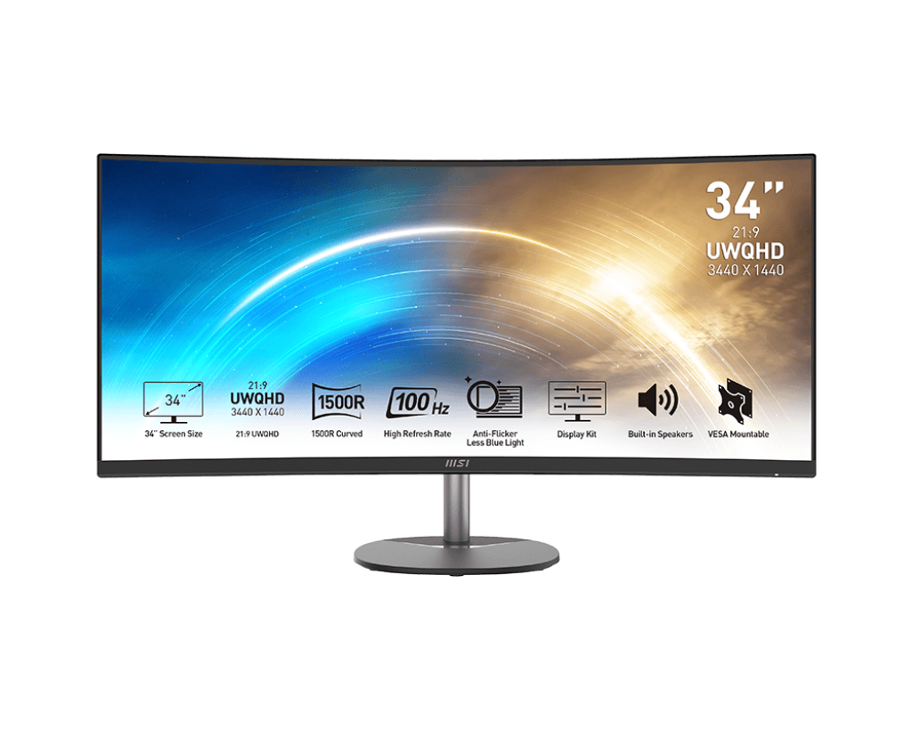 MSI PRO MP341CQ 34" Curved UWQHD Monitor, 100hz, DP, 2xHDMI, Speakers, 3Y 9S6-3PB2CT-013