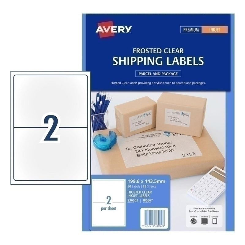 Avery 199x143mm Inkjet Frosted Clear Shipping Labels 50-Pack - Box of 5  - 936002