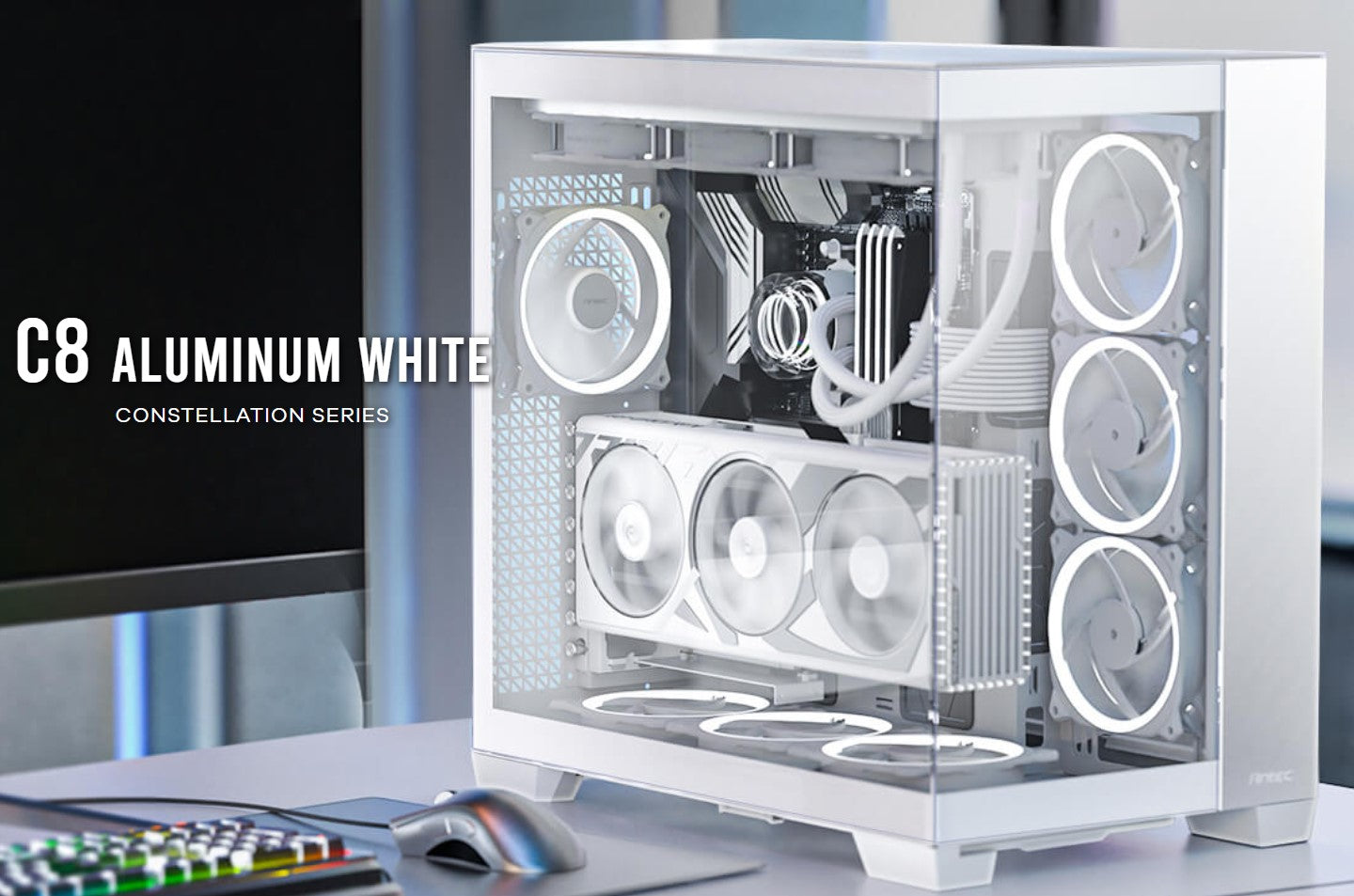 Antec C8 Aluminum White E-ATX Seamless Edge View Front and Side, USB-C, 4mm Tempered Glass, 360mm liquid cooler top, bottom, side. 2x USB 3.0 Case. C8 AL White