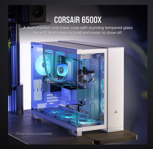 Corsair 6500X Tempered Glass ATX Mid-Tower, Dual Chamber, Cable Management, White Case CC-9011258-WW