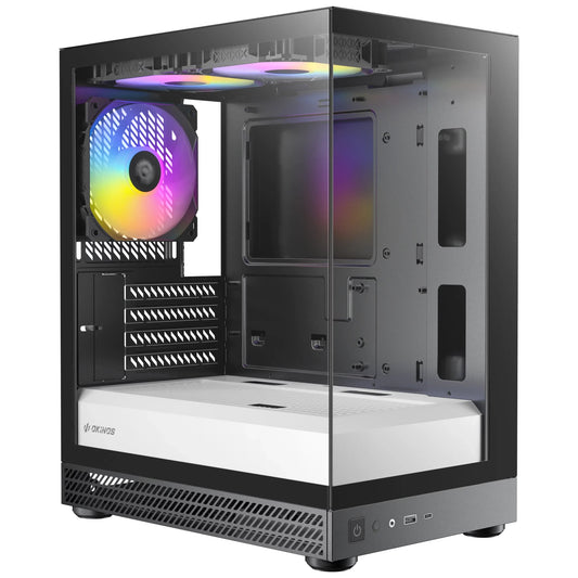 OKINOS AQUA UNO ZEBRA, Mini Tower, Micro-ATX/ITX, tempered glass, 3x120mm ARGB fans, USB 3.0 + Type-C, =309mm GPU, =165mm CPU cooler, steel AQUA UNO ZEBRA