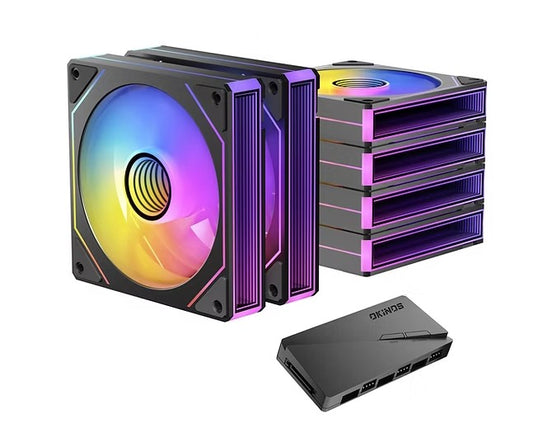 OKINOS Infinity ARGB PWM Fans 6Pack with ARGB PWM Controller hub. 800-1800RPM 52.44CFM. 29.1 dBA IN6ARGBC