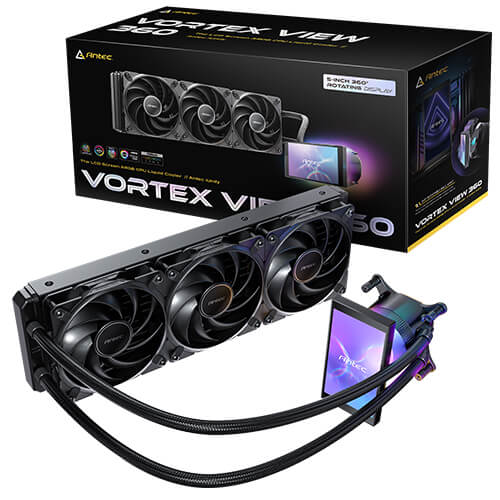 Antec Vortex View 360, 360mm AIO, Intel LGA115X/1200/1700/1851, AMD AM4/AM5, 3x120mm PWM fans, 2000 RPM, 59.23 CFM, =28.6 dB(A), aluminum rad Vortex View 360