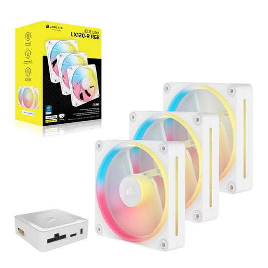 Corsair iCUE LINK LX120-R RGB 120mm PWM Reverse Fans Starter Kit Triple Pack - White: 66.7CFM, 2400RPM, 37.7dBA, 0.4A, Static Pressure, Magnetic Dome CO-9051054-WW