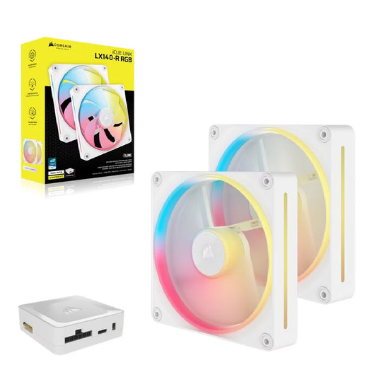 Corsair iCUE LINK LX140-R RGB 140mm PWM Reverse Fans Starter Kit Dual Pack -White: 90.6 CFM, 2000 RPM, 38.3 dBA, 0.45A, Static Pressure, Magnetic Dome CO-9051056-WW