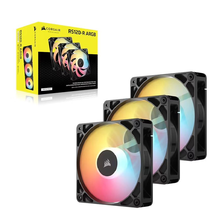 Corsair RS120-R ARGB 120mm PWM Reverse Fans Triple Pack - Black, 3x RGB Fans, 2100 RPM, 65.82 CFM, Static Pressure, Magnetic Dome Bearing, PWM Control CO-9050196-WW