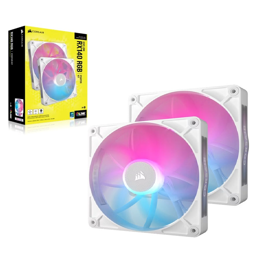 Corsair RX140 RGB White ICUE Link 140mm PWM Dual Fan Kit. 2x Fans, Connectors. 1 x ICUE Link Hub, 60mm Cable 90 Degress, Link Cab. CO-9051024-WW
