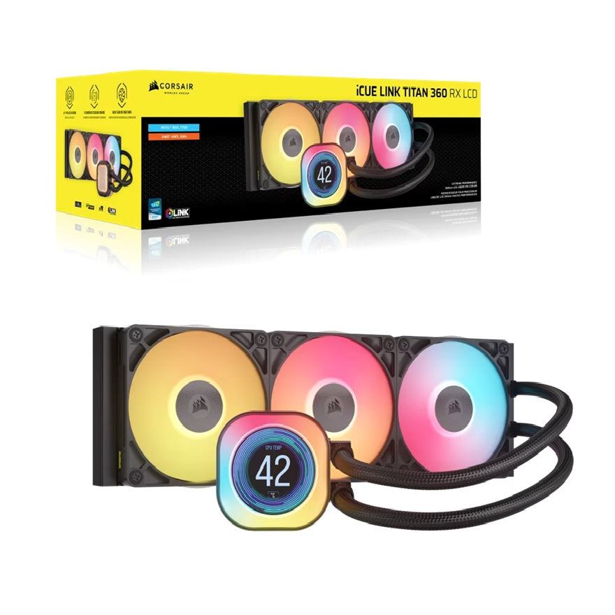 Corsair iCUE LINK TITAN 360 RX LCD Liquid CPU Cooler - Black: 73.5 CFM, 2100 RPM, 36 dBA, Aluminum Radiator, Copper Cold Plate, Intel/AMD Support CW-9061023-WW