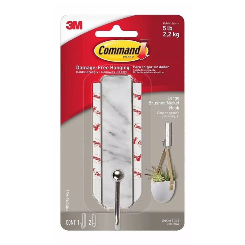 Command 17037MBN-ES Large Brushed Nickel Hook - Marble Finish - Box of 4  - 7100187891