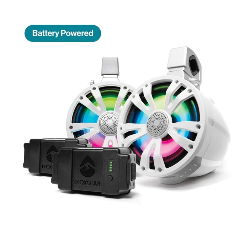 ECOXGEAR ETBB08 2-Pack White 8 Inch Marine Amplified Speakers + 2 Battery Pack  - SEI-ETAMPBAT7708AU