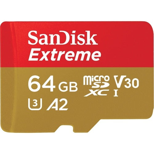 SanDisk Extreme microSDXC, SQXAH 64GB, V30, U3, C10, A2, UHS-I, 170MB/s R, 80MB/s W, 4x6, SD adaptor, Lifetime Limited, Action Cam/Drone SKU SDSQXAH-064G-GN6AA