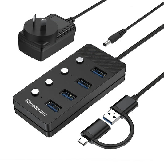 Simplecom CH345C SuperSpeed USB-A and USB-C to 4-Port USB 3.0 Hub 5Gbps Individual Switches and Power Adapter CH345C