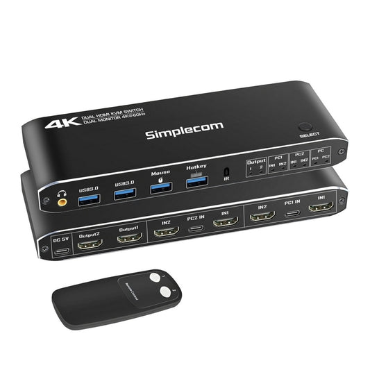 Simplecom KM430 Dual HDMI Monitor KVM Switch for 2 Computers with 4-Port USB Hub 4K@60Hz Keyboard Hotkey KM430