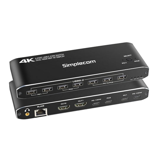 Simplecom KM590 2-Port USB-C Dual 4K HDMI Monitor KVM Switch and Docking Station with Network Sharing KM590