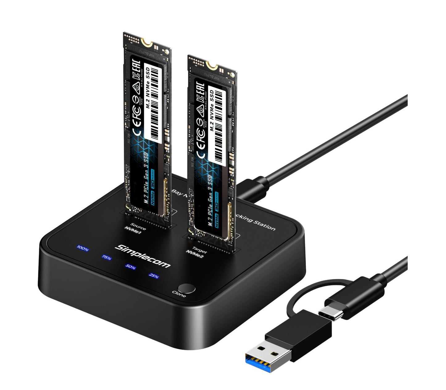 Simplecom SD550v3 USB 3.2 Gen2 to Dual Bay NVMe M.2 SSD Docking Station Duplicator Offline Clone SD550v3