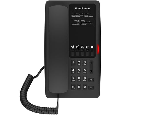 FANVIL, H4 Hotel IP Phone, Black, Cost-effective hotel IP phone, HD voice, 0/100Mbps Ethernet, and PoE, 5 programmable soft keys H4
