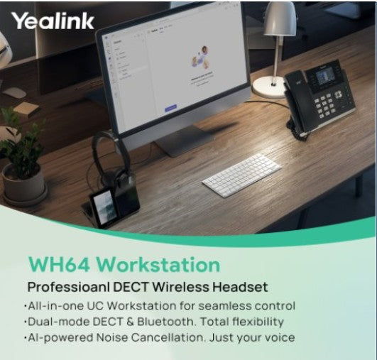 Yealink WH64 Dual Workstation, Yealink WH64 Workstation is an industry-leading DECT wireless headset with dual/single-ear options for seamless desktop WH64-D-WS