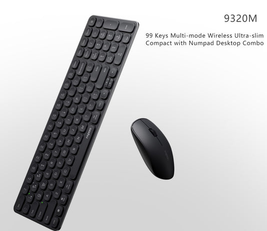 RAPOO 9320M Bluetooth 4.0, 5.0 + 2.4G Wireless Multi-mode Keyboard Mouse Combo, Aluminum Base, 2400 DPI, 10M Range, Compact Black Retail Pack  9320M