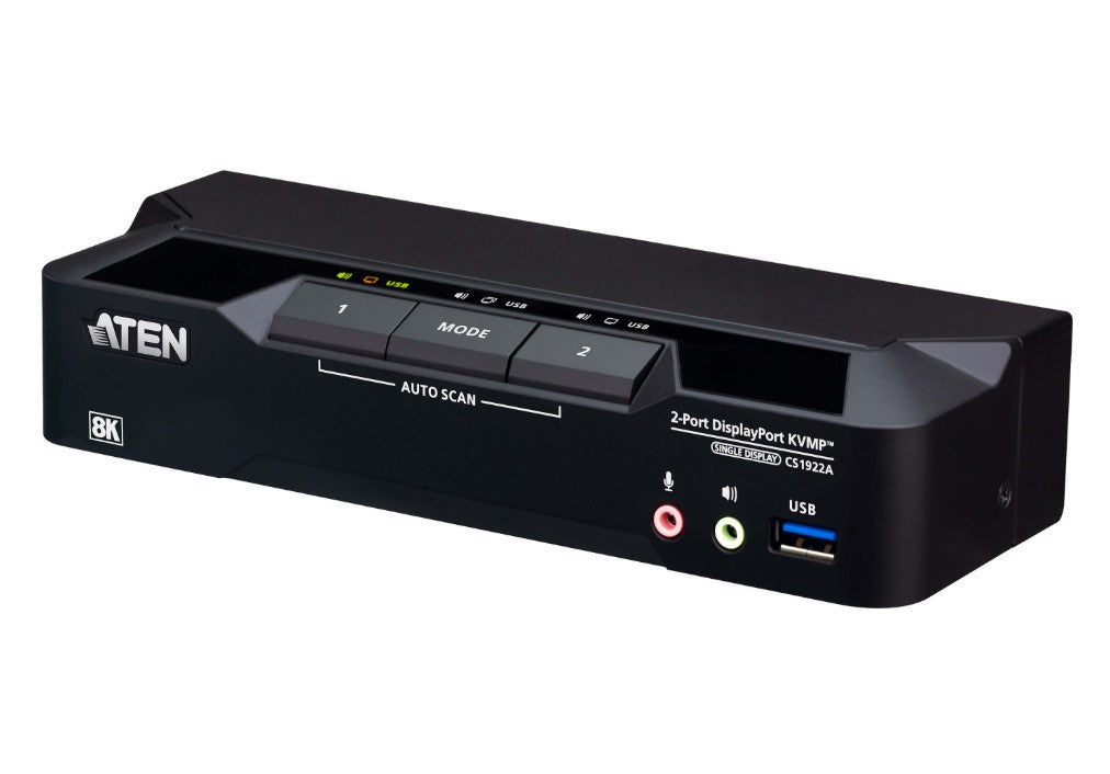 Aten 2-Port USB 3.0 8K DisplayPort KVMP Switch, Up to 7680 x 4320 @ 60 Hz, 5120 x 2880 @ 60 Hz, Supports daisy-chaining and displa (Cables included) CS1922A-AT-U