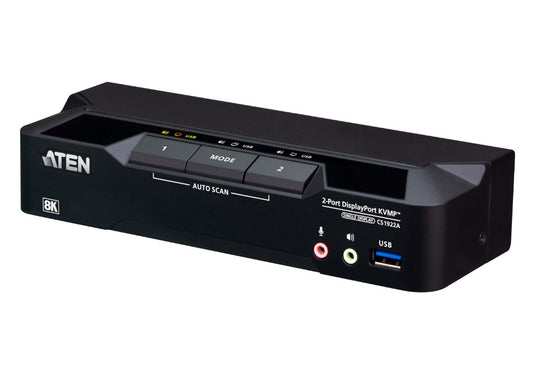 Aten 2-Port USB 3.0 8K DisplayPort KVMP Switch, Up to 7680 x 4320 @ 60 Hz, 5120 x 2880 @ 60 Hz, Supports daisy-chaining and displa (Cables included) CS1922A-AT-U