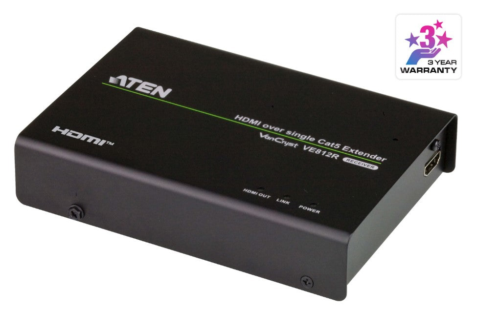 Aten HDMI HDBaseT Receiver, supports up to 4096 x 2160 @ 30 Hz (4:4:4) @ 70m (Cat 5e/6) and 100m (Cat 6A) VE812R-AT-U