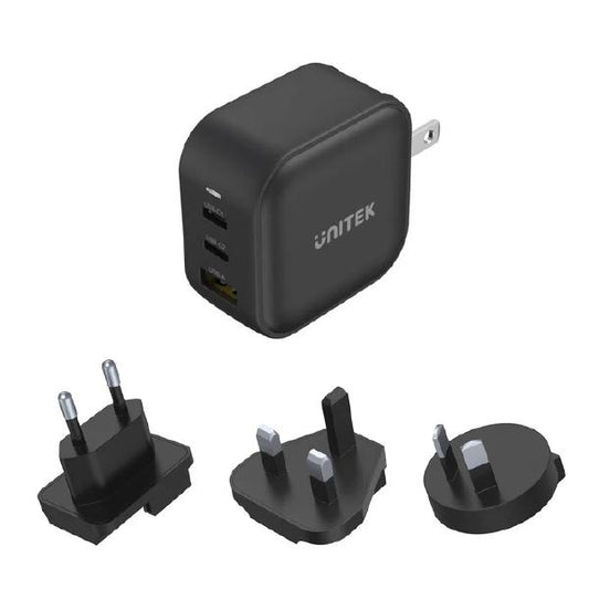 Unitek Travel Tri GaN 3 Ports 66W Charger with USB PD, QC 3.0, with EU, UK and AU Plug, Black, Unitek Gift Box P1108ABK