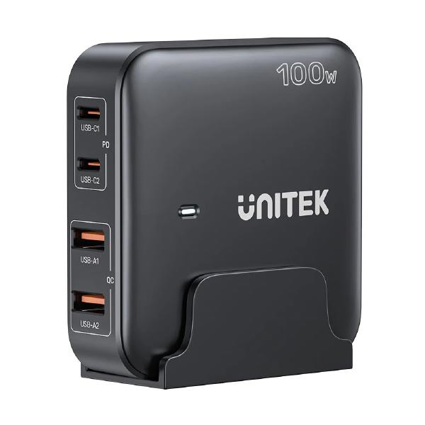 Unitek 4-in-1 Desktop GaN Charger, USB-C x2 PD, USB-A QC 3.0 x2 with Power Cord, 100W, Black, Unitek Gift Box P1229ABK01-AU