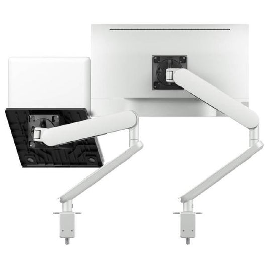 Atdec Ora Duo High-Performance Dynamic Monitor Arms with Laptop Tray. F-Clamp Desk Fixing. Max Load 8kg. Up to 35" screens. Up to 18" Laptops. White  AW-ORA-F-AWM-N-W