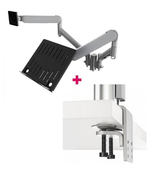 Atdec AWMS-2-ND13 Notebook-Monitor Combo Mount + 135mm Post / 9kg (20lb) Flat Screens, 6kg (13.5lb) Curved Screens + H-Duty FClamp Desk Fixing, Silver  AWMS-2-ND13-H-S