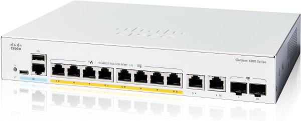 Cisco Catalyst 1200, 8-Port Managed Switch with 8 Gigabit Ethernet PoE+ with 67W Power Budget and 2 Gigabit Copper/ SFP Combo Ports C1200-8P-E-2G