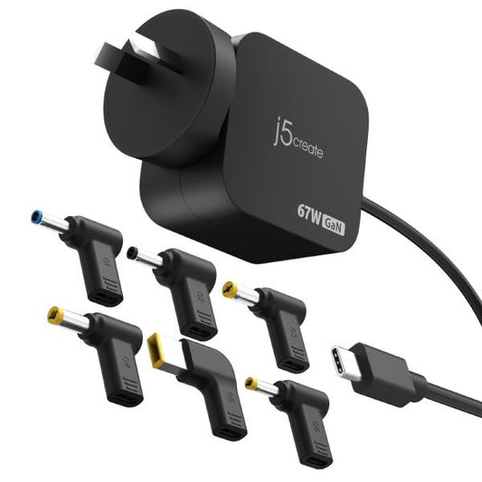 J5Create JUP1565DCU 67W GaN PD USB-C Mini Charger with 6 Types of DC Connector JUP1565DCU