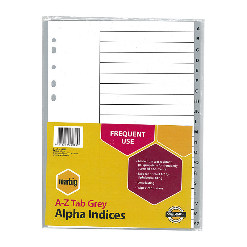 Marbig Indices & Dividers A-Z Tab Pp A4 Grey  - 35050