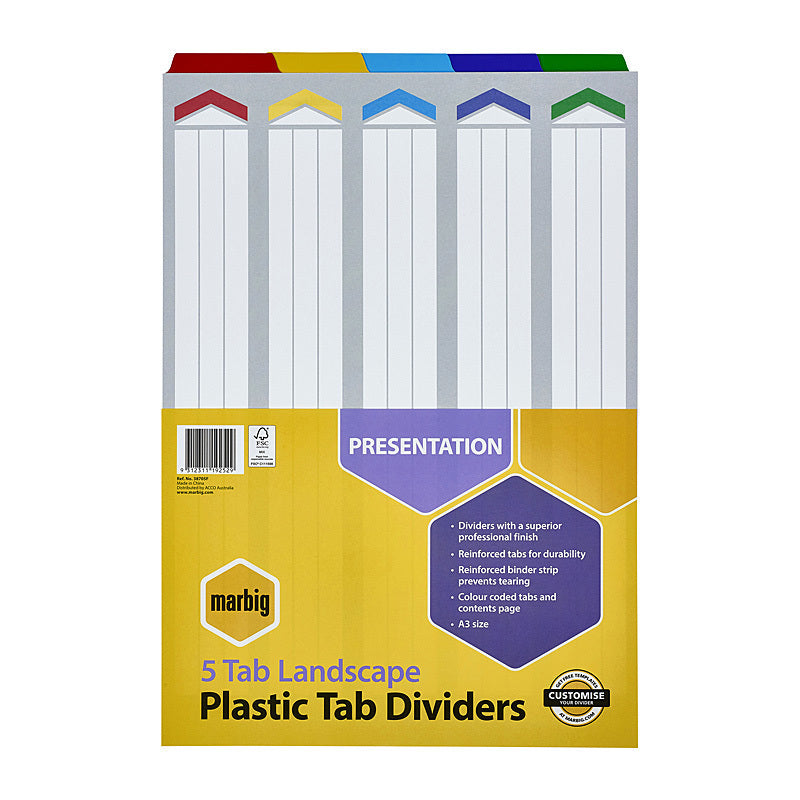 Marbig Indices & Dividers 5 Tab Reinf A3 Landscape  - 38705F