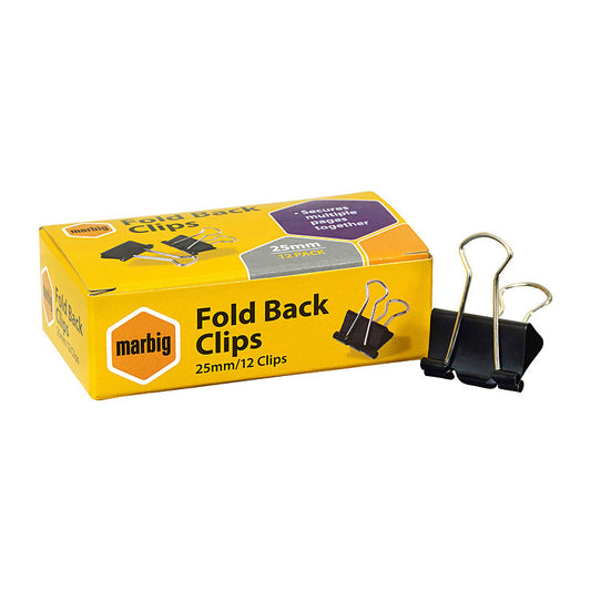 Marbig Fold Back Clips 25mm Box 12  - 87065