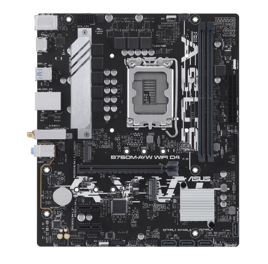 ASUS B760M-AYW WIFI D4 Intel LGA 1700 mATX Motherboard 64GB, 2xDDR4, 1 x PCIe 4.0 x16 slot, 2 x M.2 slots, 4 x SATA, Realtek 2.5Gb Ethernet B760M-AYW WIFI D4