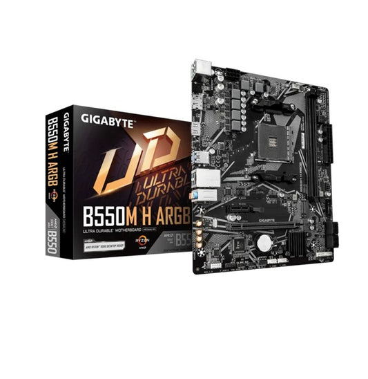Gigabyte B550M H ARGB Micro-ATX AMD B550 motherboard with AM4 support, PCIe 4.0, DDR4 up to 5100MHz OC, HDMI 2.1, DP 1.4, M.2, and Gigabit LAN B550M H ARGB