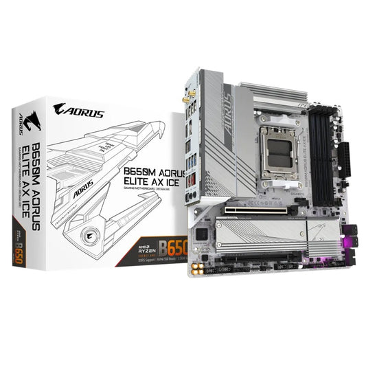 Gigabyte B650M AORUS ELITE AX ICE AMD B650 AM5 ATX Motherboard 4x DDR5~256GB, 1x PCIe x16, 2x M.2, 4x SATA 6Gb/s, 2x USB 3.2, 1x USB-C, 4x USB 2.0 B650M AORUS ELITE AX ICE
