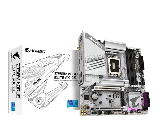 Gigabyte Z790M AORUS ELITE AX ICE Intel LGA 1700 ATX Motherboard, 4x DDR5 ~128GB, 1x PCI-E x16, 3x M.2, 6x SATA, 6x USB 3.2, 1x USB-C, 4x USB 2.0 Z790M A ELITE AX ICE