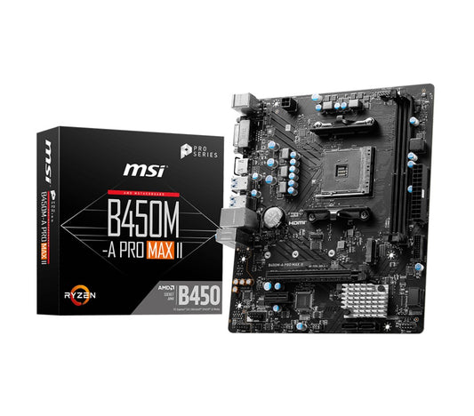 MSI B450M-A PRO MAX II AMD M-ATX Motherboard - AM4 Ryzen, 2xDDR4-max64GBCapacity, 1xPCIe x16slot, 4xSATA 6Gb, 6xUSB3.0, 6xUSB2.0, DVI-D HDMI, 2.5G LAN B450M-A PRO MAX II