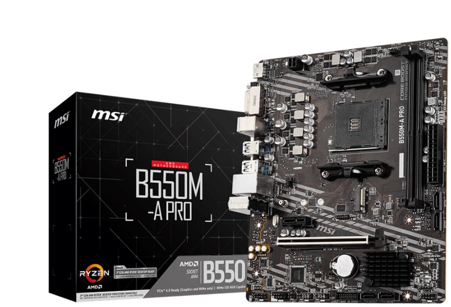 MSI B550M-A PRO Motherboard AMD Ryzen AM4 2x DIMM Slots (Max 64GB) 1x PCI-e 4.0 1x HDMI DVI 1x M.2 4x SATA3 6x USB 3.2 Gen 1 6x USB 2.0 B550M-A PRO