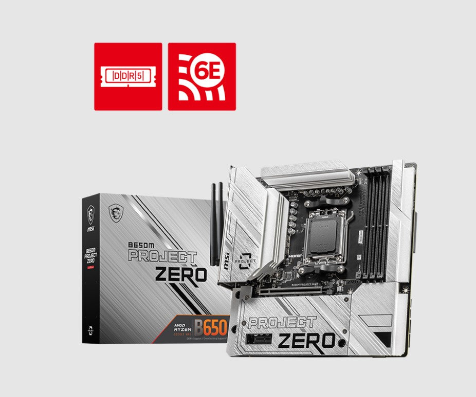 MSI B650M PROJECT ZERO Motherboard, AMD B650, 4x DDR5 128GB, 1x HDMI, 2x M.2, USB 3.2 Type A x9 B650M PROJECT ZERO