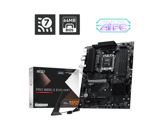 MSI PRO B850-S EVO WIFI, AMD B850, AM5, Ryzen 9000/8000/7000, 4xDDR5 256GB 8200+MT/s OC, PCIe 5.0 x16, 3xM.2, 5G LAN, Wi-Fi 7, 3yr wty PRO B850-S EVO WIFI