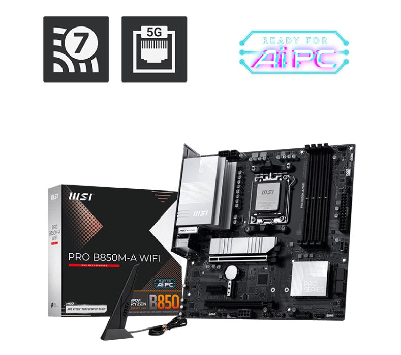 MSI PRO B850M-A WIFI, AM5, 4x DDR5 256GB, 1x HDMI, 1x PCI-E x16 slot, 3x M.2, 4x USB2.0, 3x USB C, Wi-Fi 7 PRO B850M-A WIFI