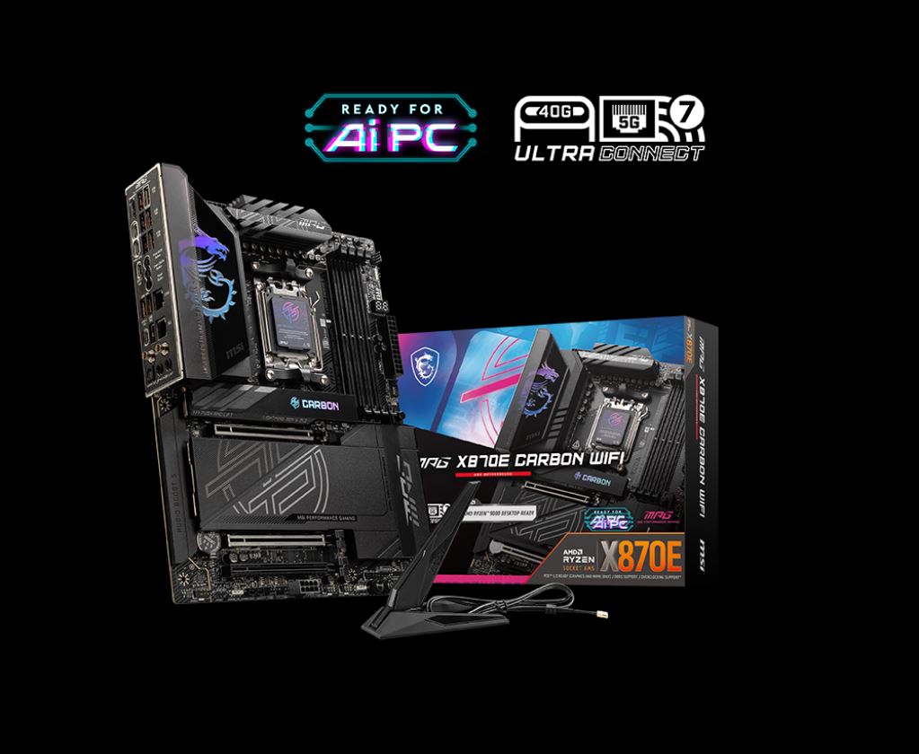 MSI MPG X870E CARBON WIFI, AMD AM5 ATX Motherboard 4x DDR5~256GB, 3x PCIe x16, 4x M.2, 9x USB 3.2, 4x USB-C MPG X870E CARBON WIFI