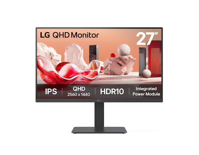 LG 27' QHD IPS Monitor, 2560x1440, HDR10, 99% sRGB, 75 Hz, integrated power, adjustable stand (tilt/height/swivel/pivot), Flicker Safe & Reader Mode 27BA45QB-B.AAU