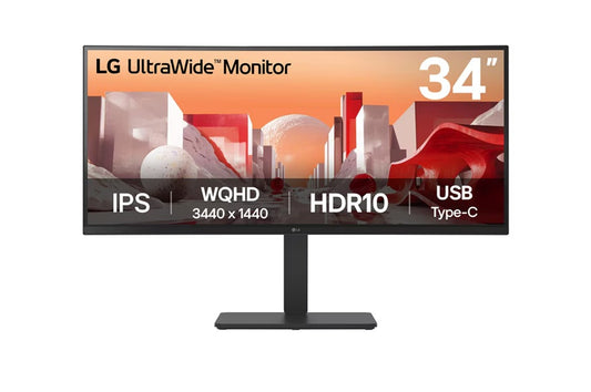 LG 34' UltraWide QHD Curved IPS Monitor with HDR10, sRGB 99%, USB-C PD 90W, RJ45, built-in speakers, and tilt/height/swivel adjustable stand 34BA75QE-B