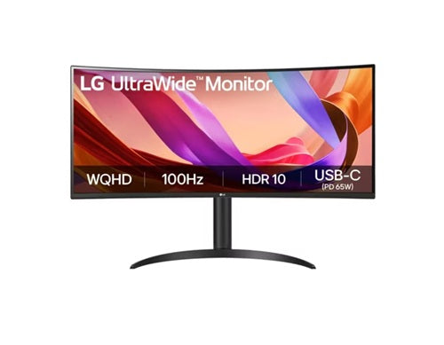 LG 34' UltraWide 100Hz WQHD Curved (1800R) Monitor, 3440x1440, 3-side Virtually Borderless Design, sRGB 99%, HDR10, USB-C 65W PD 34BQ65VA-B