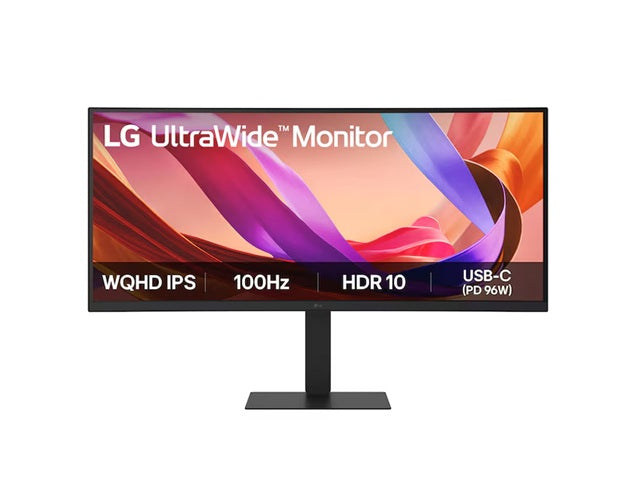LG 34' UltraWide 21:9 WQHD Curved IPS Monitor with 3440x1440 resolution, sRGB 99%, HDR10, 100Hz, 5ms response, and tilt/height/swivel stand 34U650A-B.AAU