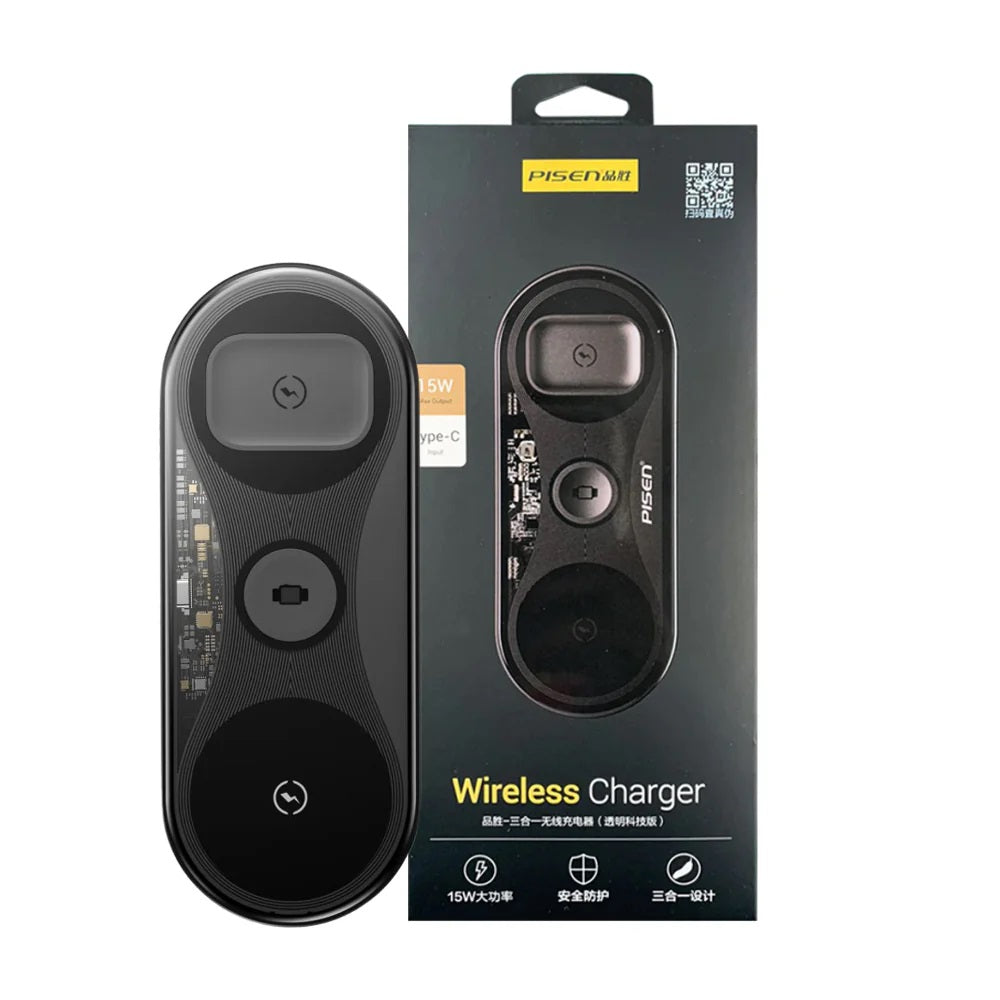 Pisen 3-in-1 Wireless Charging Station - Black, Supports Qi-2 Outputs (15W), Supports Universal Type-C, Multi-Protection System, 2 Years Warranty 6902957106092